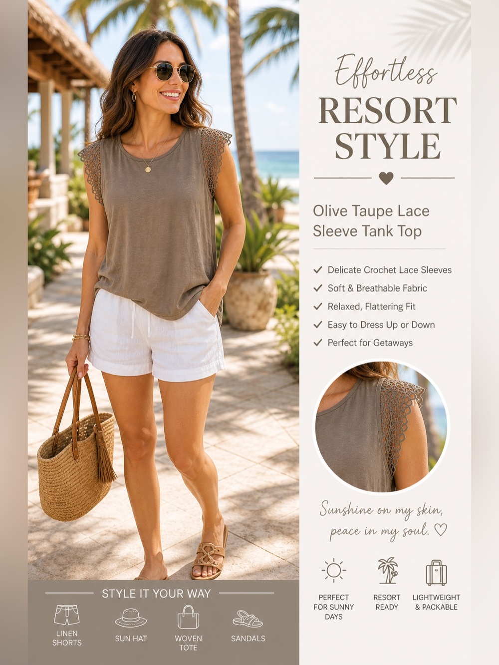 Loft xxl Women’s Lace Sleeve Casual Tank Top in Olive Taupe